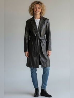 Jones New York Women's Long Black Leather Trench Coat M